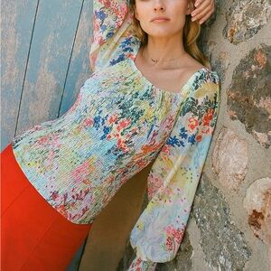 Anthropologie Rouen Floral Smocked Puff Sleeve Sheer Blouse Sz Medium